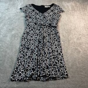 LOFT Dress Women's 6 Black Floral Print Dress White Career Casual‎ V Neck Formal